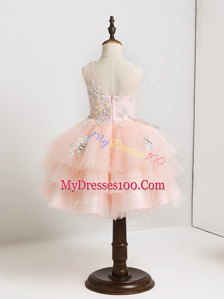 Tulle V-neck Sleeveless Zipper Appliques Flower Girl Dresses in Pink