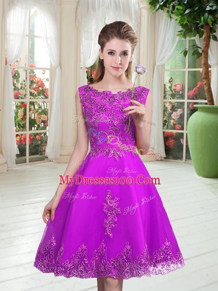 Latest Purple A-line Scoop Sleeveless Tulle Knee Length Lace Up Beading and Appliques Juniors Evening Dress