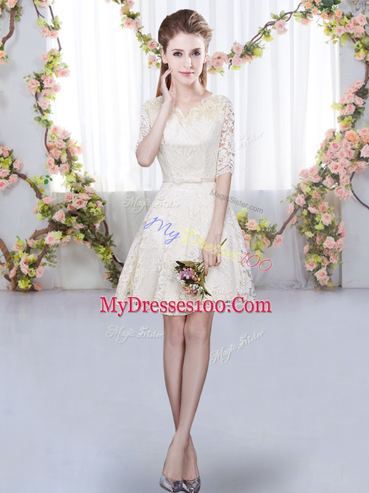 Champagne Bridesmaid Dress Prom and Party and Wedding Party with Belt V-neck Half Sleeves Zipper