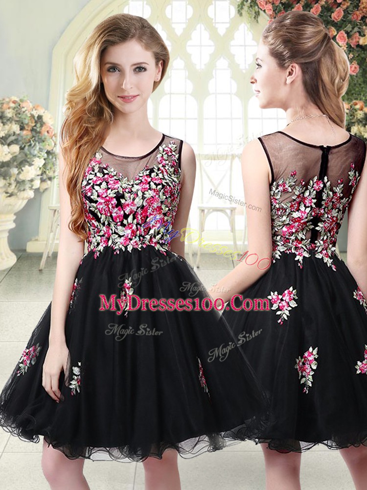 Most Popular Black Tulle Zipper Scoop Sleeveless Mini Length Evening Dress Embroidery