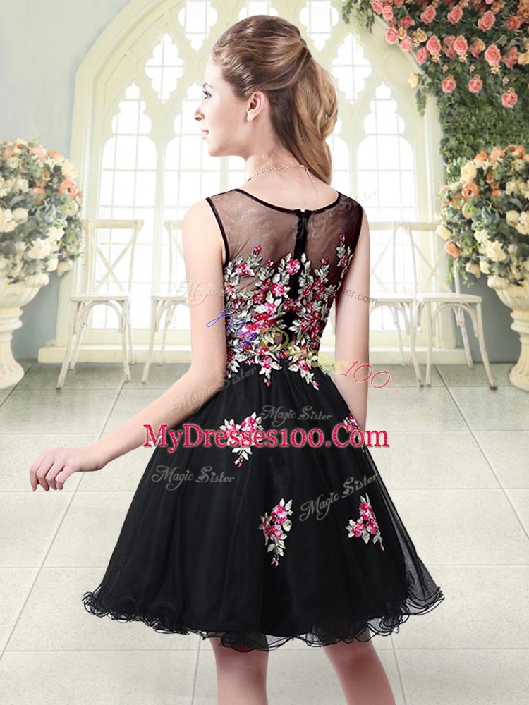 Most Popular Black Tulle Zipper Scoop Sleeveless Mini Length Evening Dress Embroidery