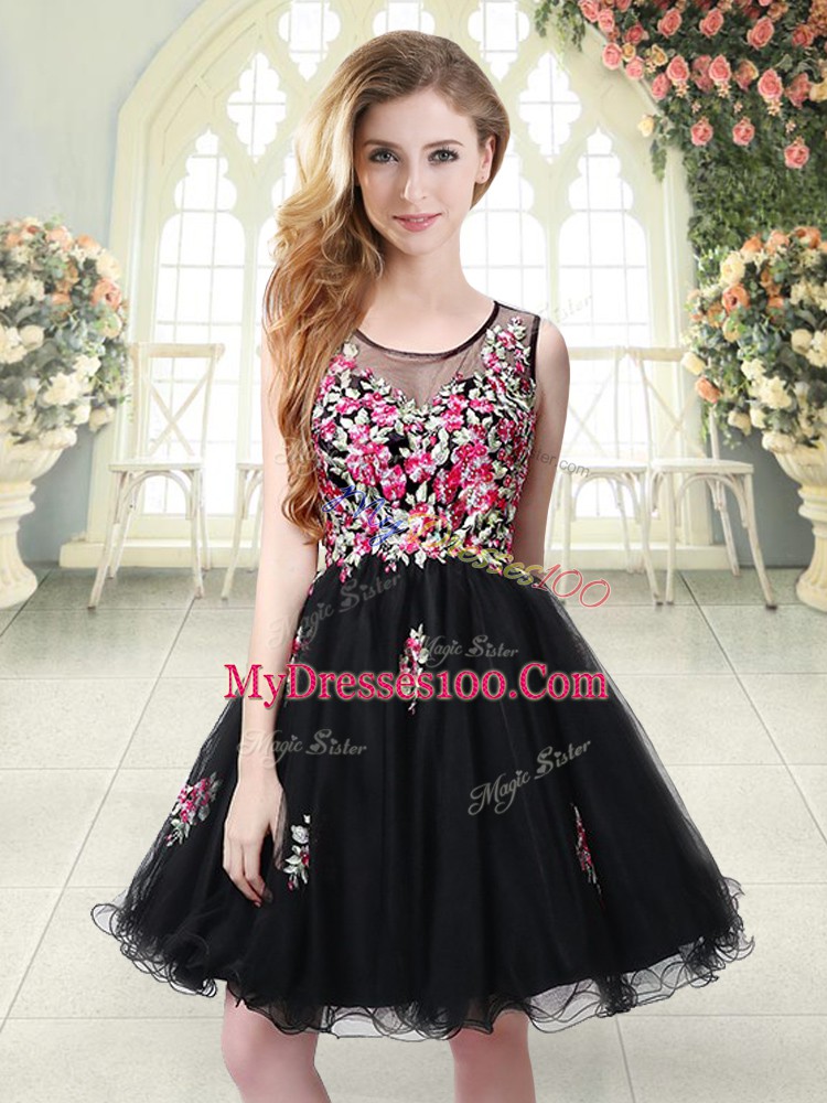 Most Popular Black Tulle Zipper Scoop Sleeveless Mini Length Evening Dress Embroidery