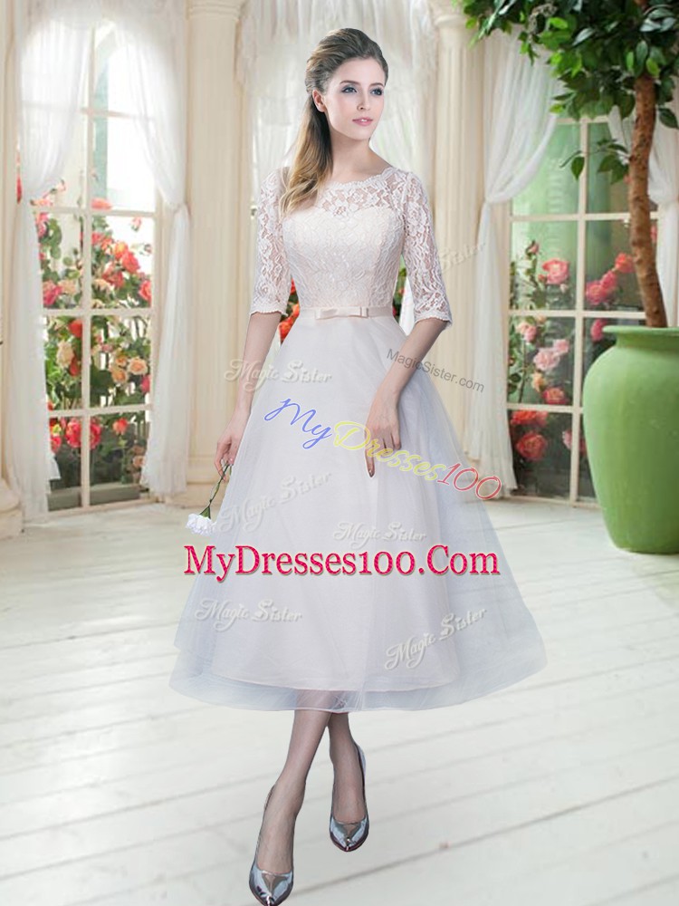 White Tulle Lace Up Scoop Half Sleeves Tea Length Prom Dress Lace
