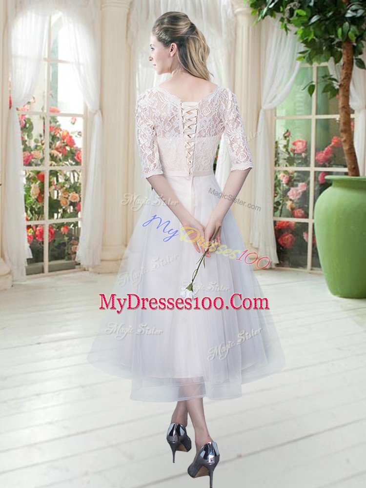 White Tulle Lace Up Scoop Half Sleeves Tea Length Prom Dress Lace