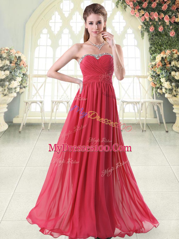 Deluxe Red Chiffon Zipper Prom Evening Gown Sleeveless Floor Length Beading
