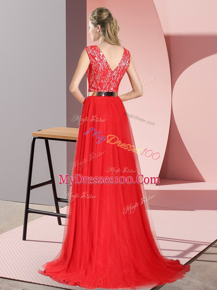 Suitable Sleeveless Sweep Train Zipper Beading and Lace and Belt Evening Dress