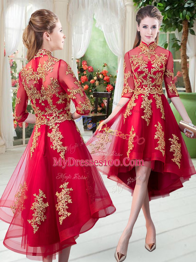 Red Half Sleeves Appliques High Low Prom Dress