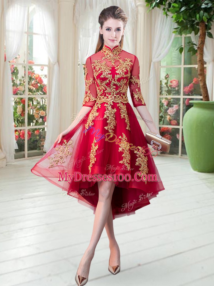 Red Half Sleeves Appliques High Low Prom Dress
