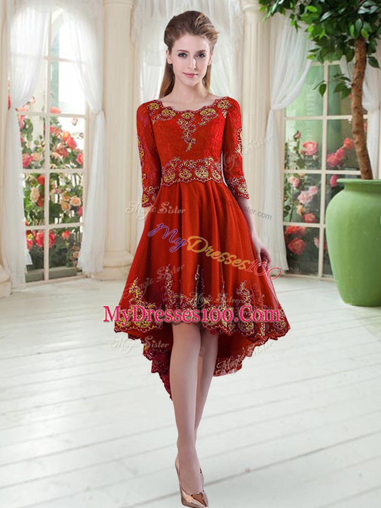 Best High Low Red Prom Dresses Scoop Long Sleeves Lace Up