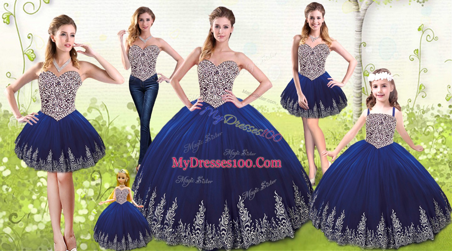 Sleeveless Tulle Floor Length Lace Up Sweet 16 Quinceanera Dress in Royal Blue with Beading and Appliques