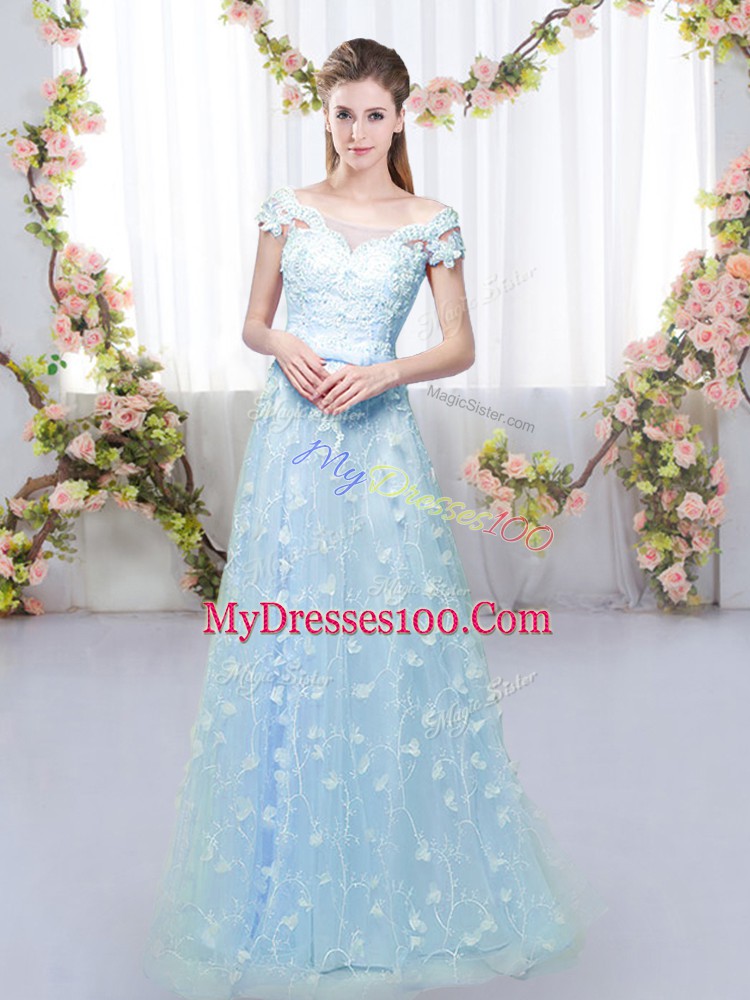 Tulle Cap Sleeves Floor Length Dama Dress and Appliques