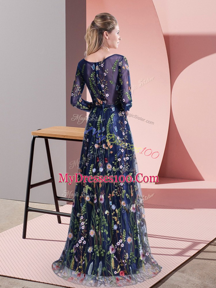 High Quality Sweep Train Empire Evening Outfits Multi-color Scoop Chiffon Long Sleeves Zipper