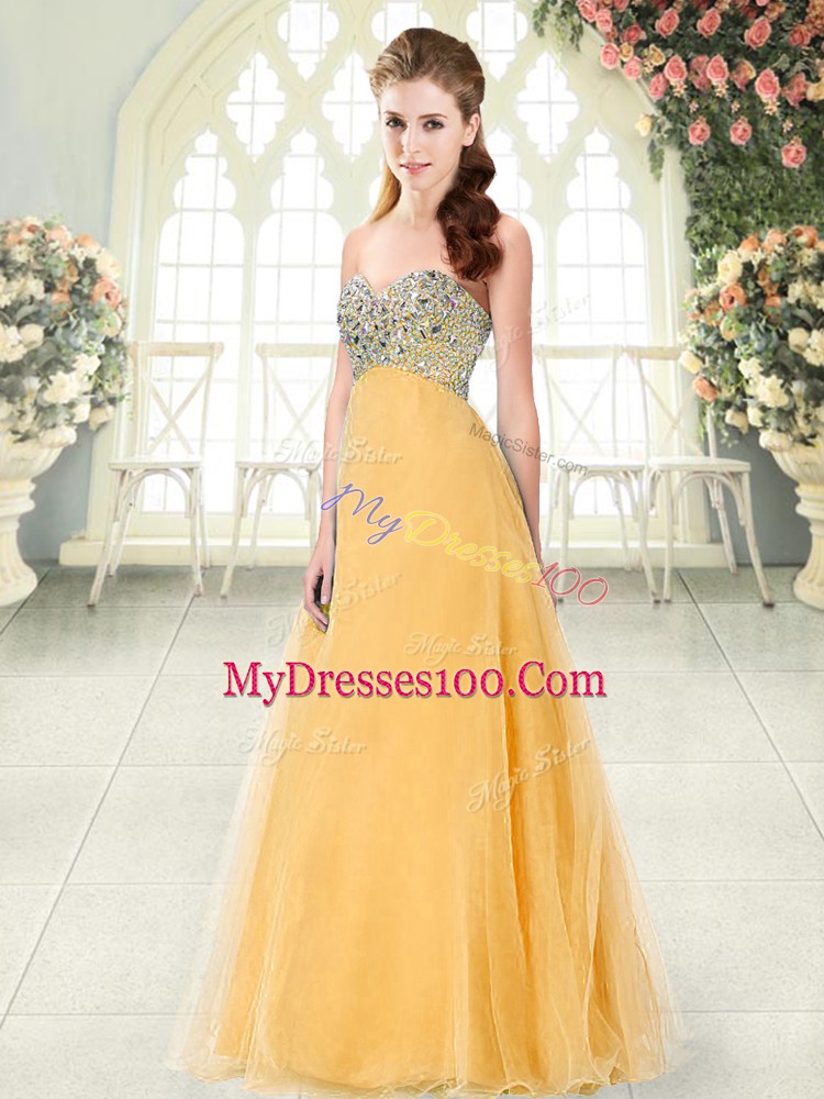 Captivating Orange Tulle Lace Up Evening Outfits Sleeveless Floor Length Beading