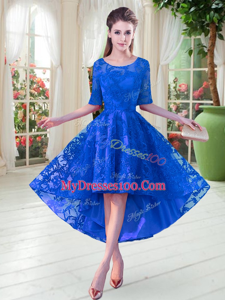 High Low Blue Evening Party Dresses Scoop Half Sleeves Zipper