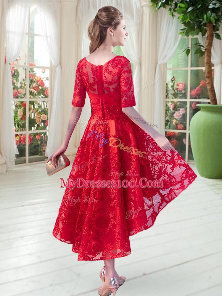 High Low Blue Evening Party Dresses Scoop Half Sleeves Zipper