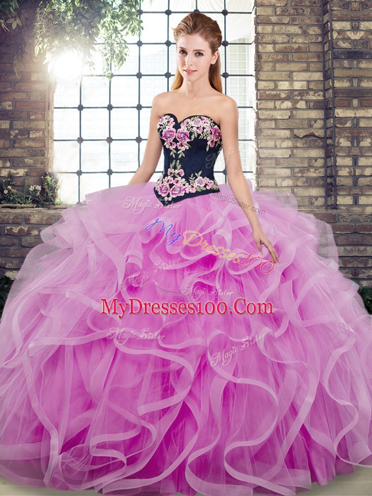 Lilac 15th Birthday Dress Military Ball and Sweet 16 and Quinceanera with Embroidery and Ruffles Sweetheart Sleeveless Sweep Train Lace Up