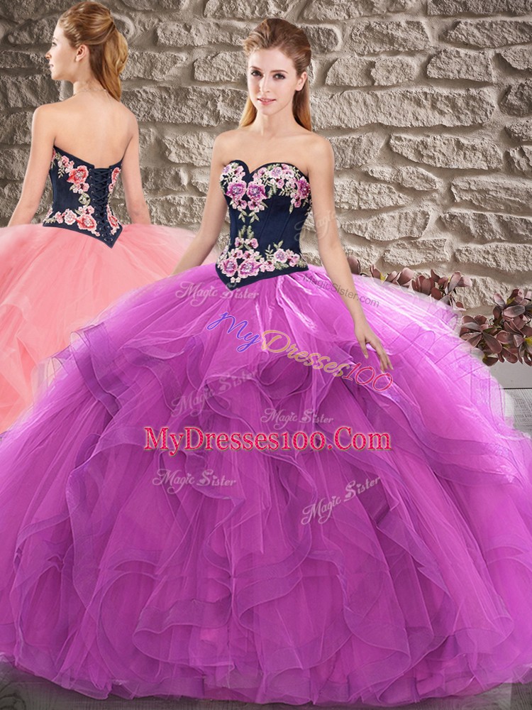 Perfect Purple Lace Up Sweetheart Beading and Embroidery Ball Gown Prom Dress Tulle Sleeveless