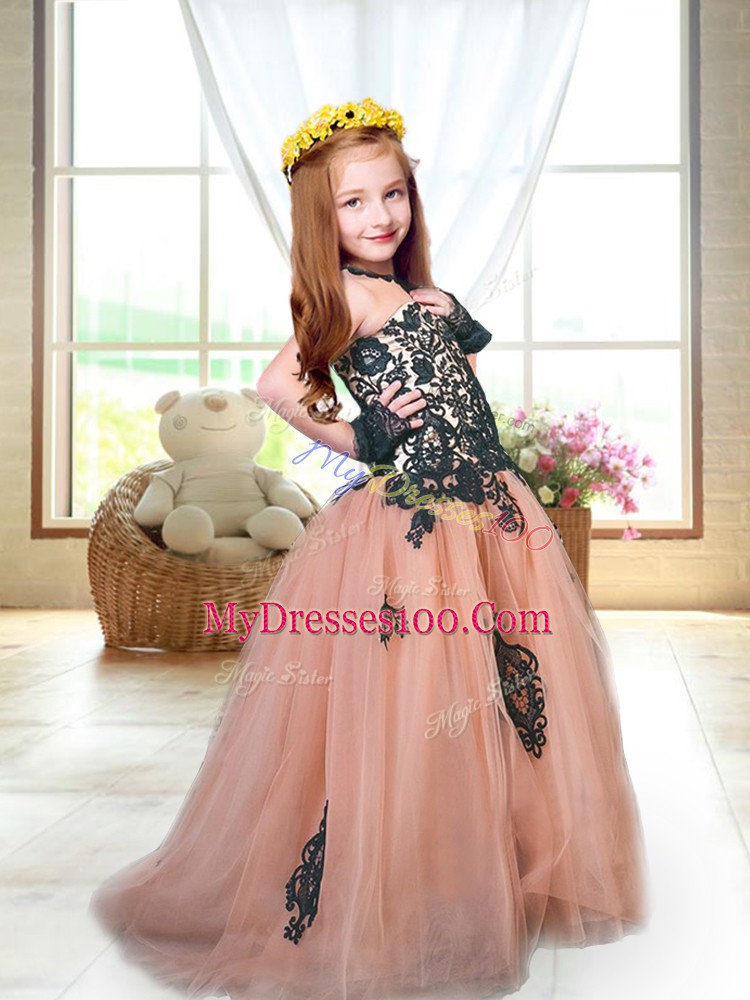 Eye-catching Tulle Spaghetti Straps Sleeveless Brush Train Lace Up Appliques Pageant Dress for Girls in Peach