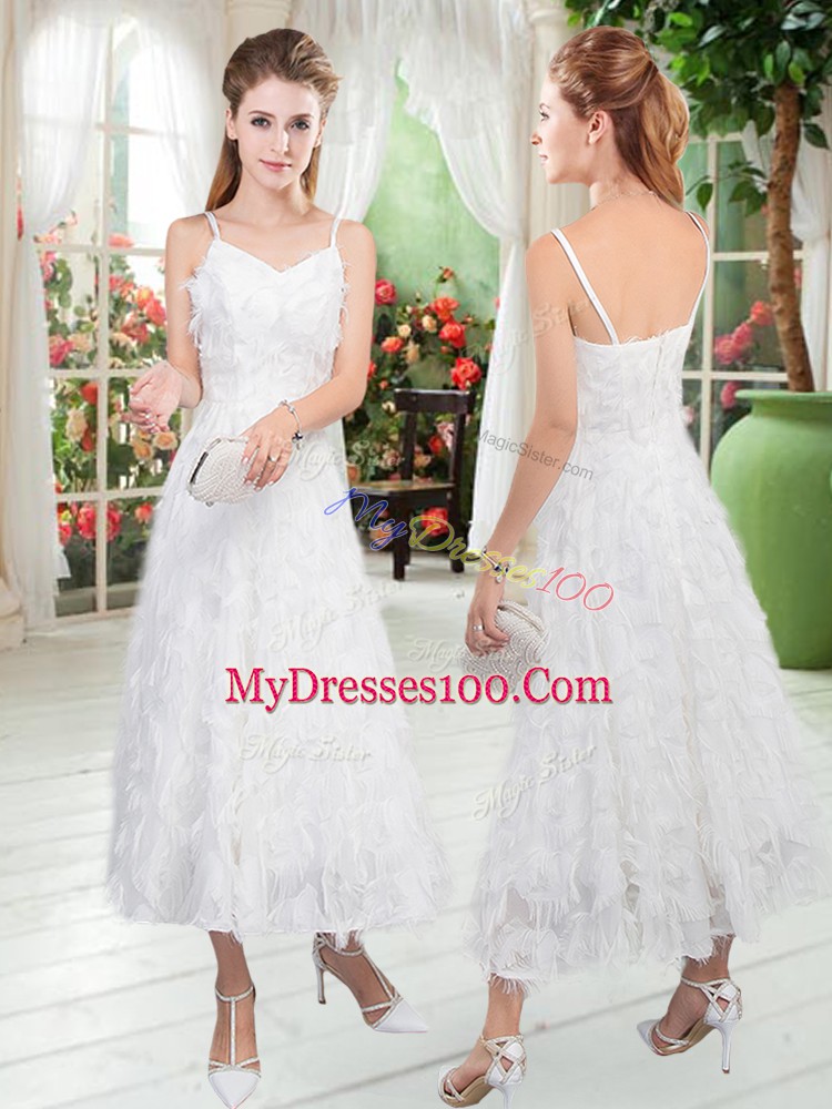 Dynamic A-line Prom Evening Gown White Straps Sleeveless Tea Length Zipper