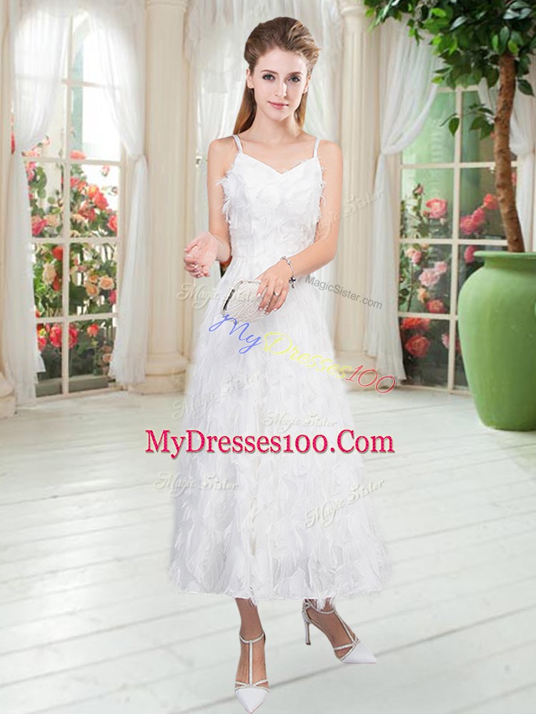 Dynamic A-line Prom Evening Gown White Straps Sleeveless Tea Length Zipper