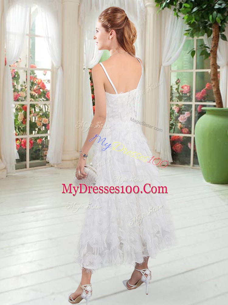 Dynamic A-line Prom Evening Gown White Straps Sleeveless Tea Length Zipper