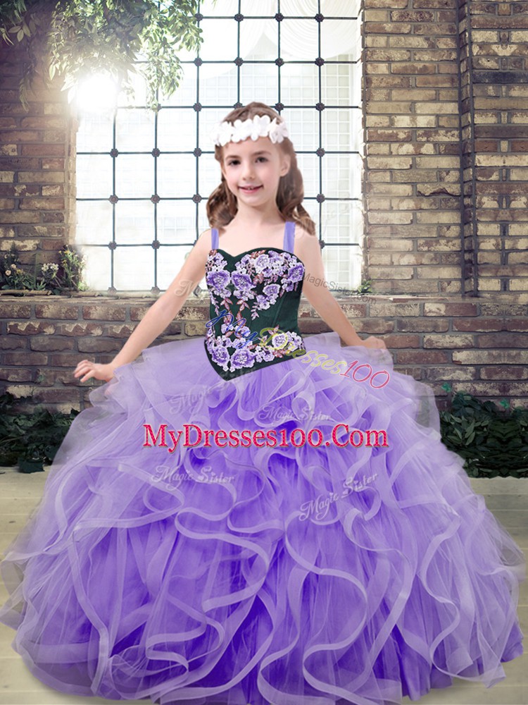 Lavender Ball Gowns Embroidery and Ruffles Pageant Dresses Lace Up Tulle Sleeveless Floor Length