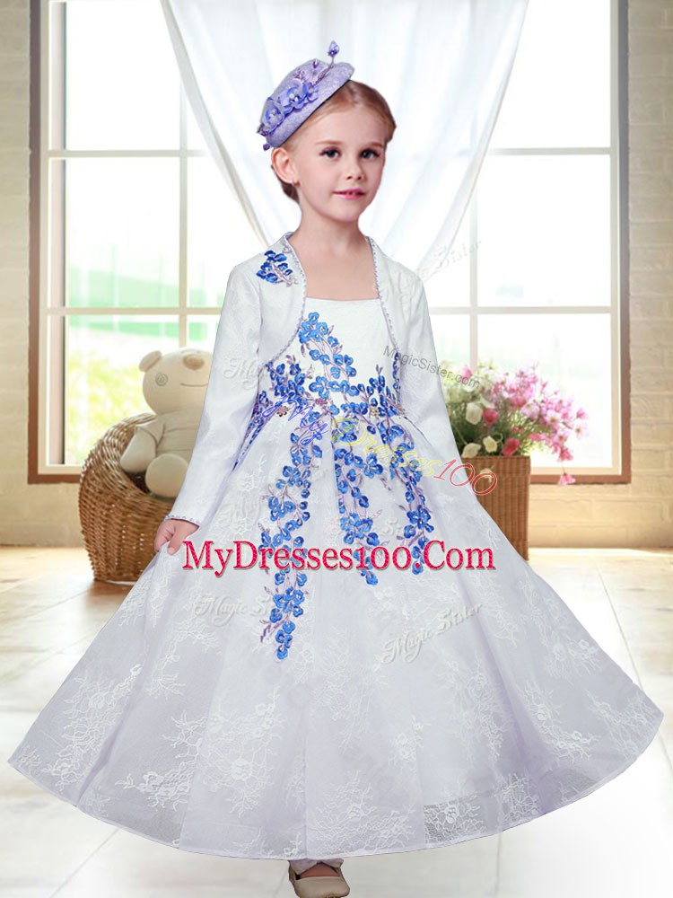 Romantic White Flower Girl Dress Wedding Party with Embroidery Straps Sleeveless Zipper