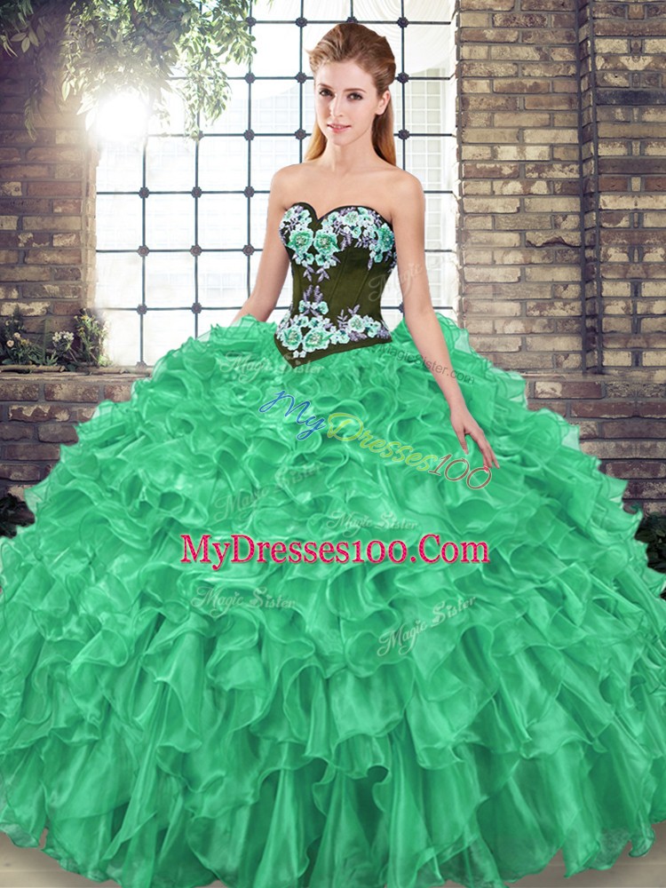 Free and Easy Green Lace Up Sweet 16 Dresses Embroidery and Ruffles Sleeveless Sweep Train