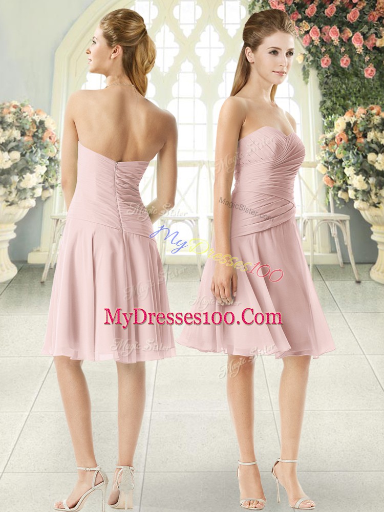 Knee Length Zipper Prom Dress Pink for Prom and Party with Ruching