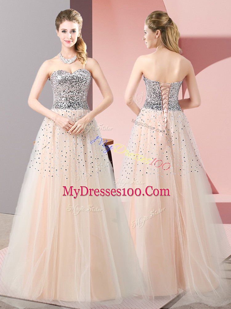 Sweet Peach Tulle Lace Up Sleeveless Floor Length Beading
