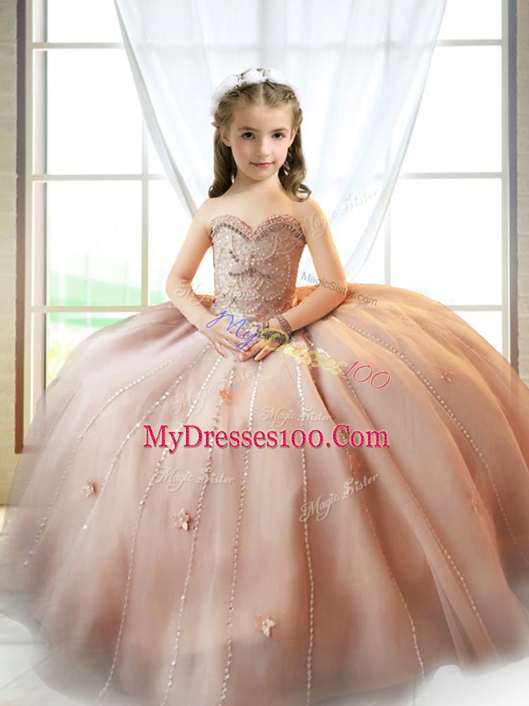 Glorious Sleeveless Beading and Appliques Lace Up Little Girls Pageant Gowns