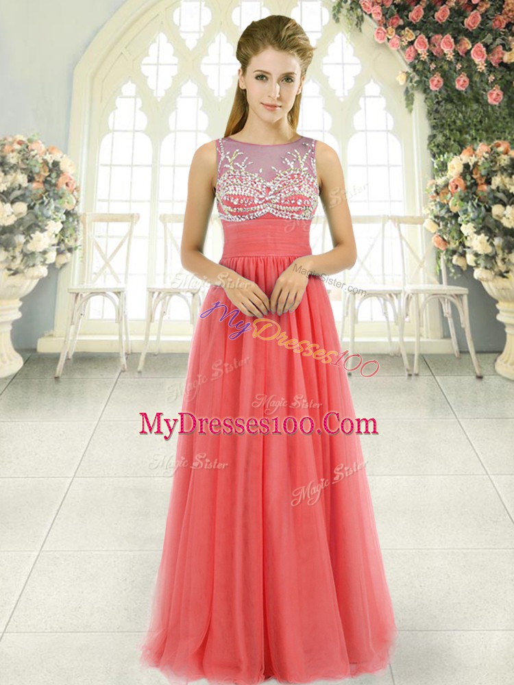 Watermelon Red Empire Tulle Scoop Sleeveless Beading Floor Length Side Zipper