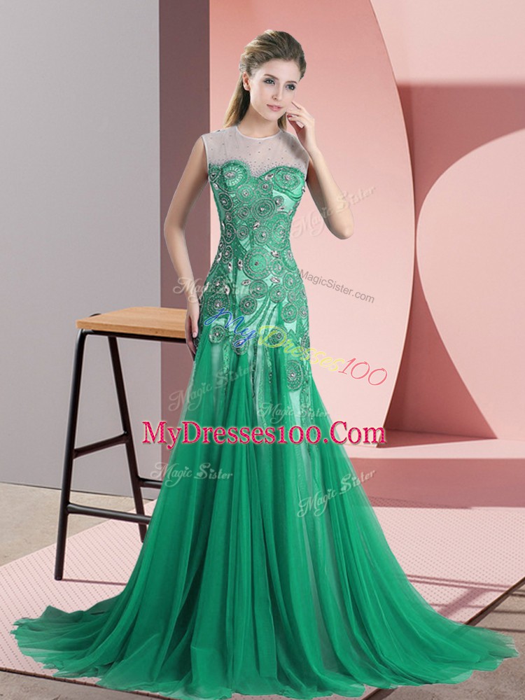 Cheap Green Prom and Party and Military Ball with Beading and Appliques Scoop Sleeveless Sweep Train Backless