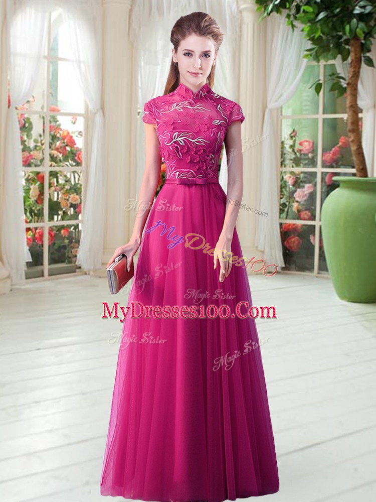 Short Sleeves Lace Up Floor Length Lace Homecoming Dress