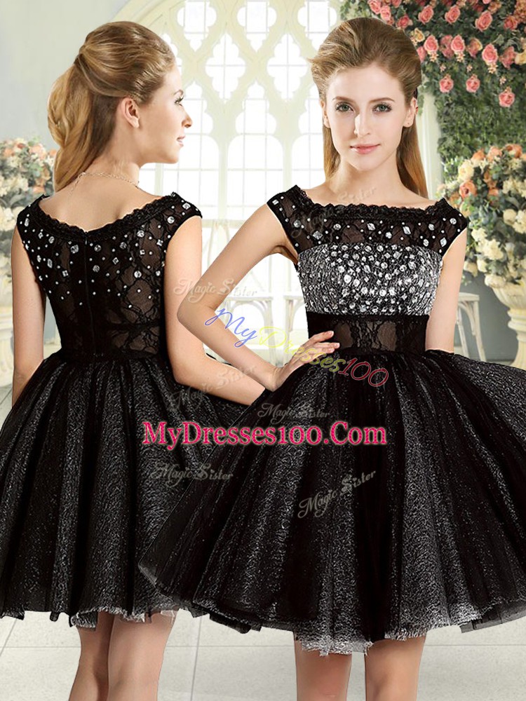 Black A-line Beading Womens Evening Dresses Zipper Tulle Sleeveless Mini Length