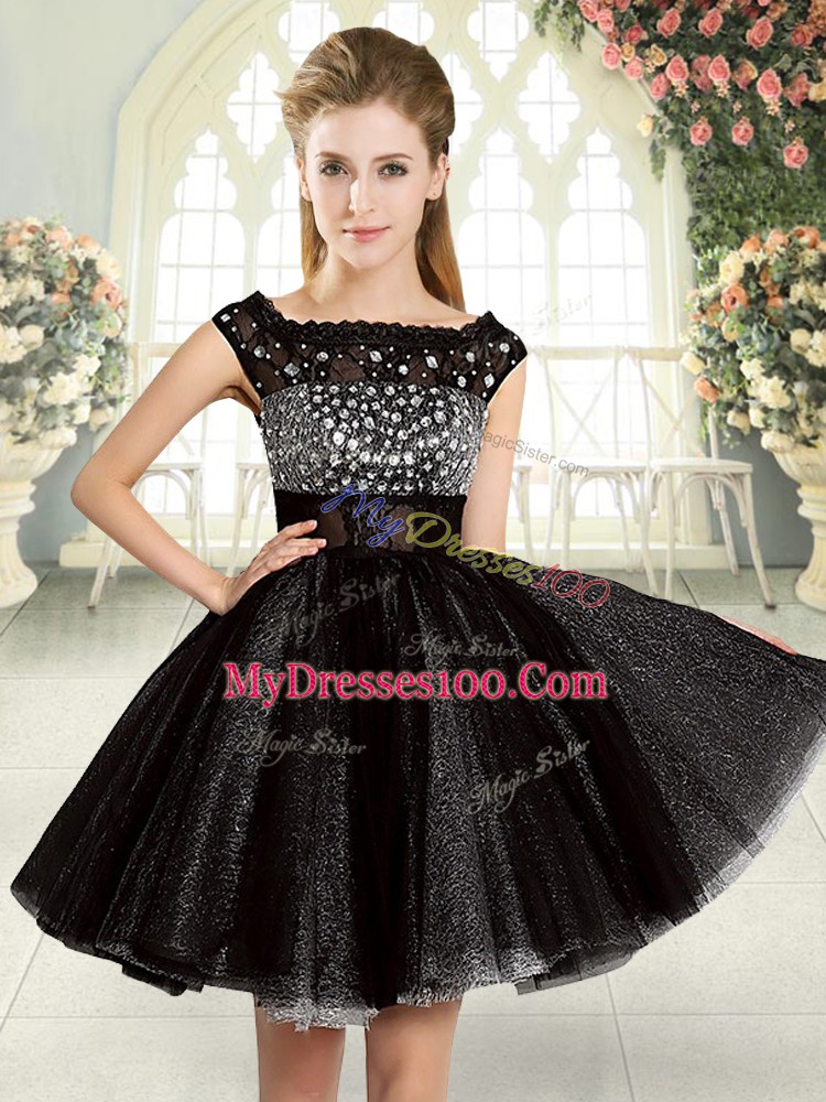 Black A-line Beading Womens Evening Dresses Zipper Tulle Sleeveless Mini Length