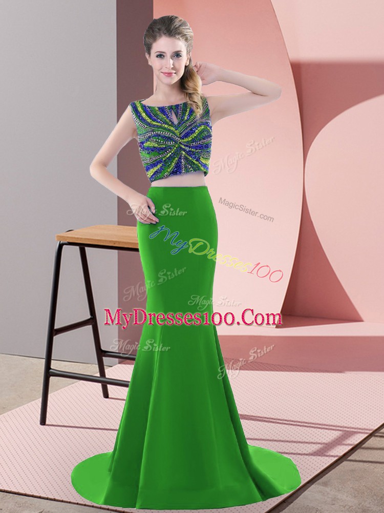 Green Prom Evening Gown Scoop Sleeveless Sweep Train Backless