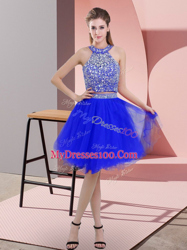 Cheap Knee Length Backless Homecoming Dress Royal Blue for Prom and Party with Beading