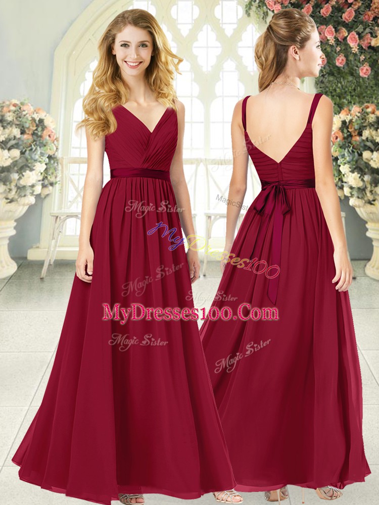 Wine Red Sleeveless Floor Length Ruching Backless Juniors Evening Dress