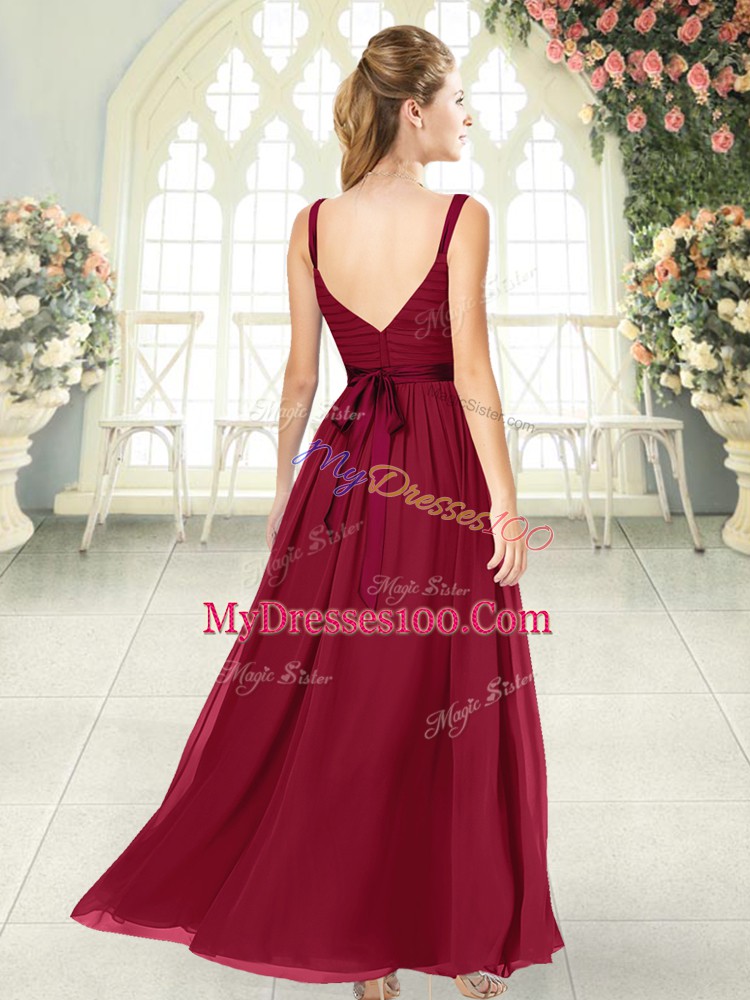 Wine Red Sleeveless Floor Length Ruching Backless Juniors Evening Dress