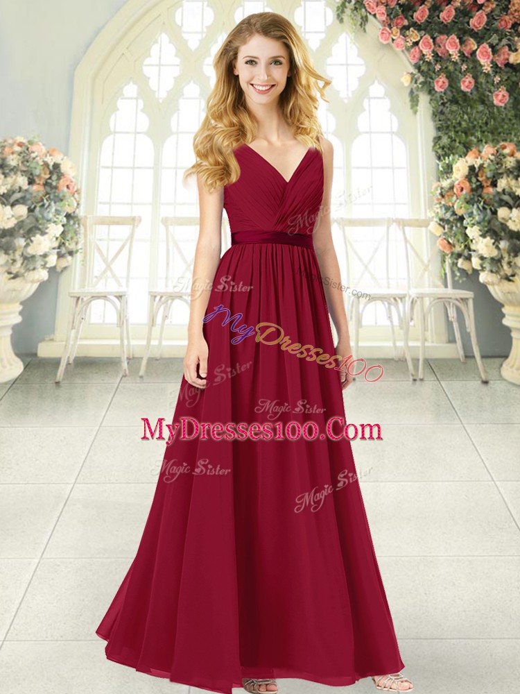Wine Red Sleeveless Floor Length Ruching Backless Juniors Evening Dress