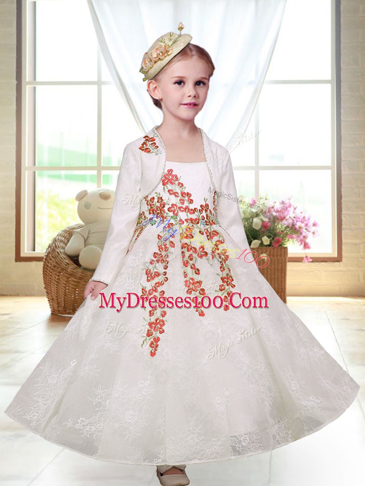 Popular Sleeveless Ankle Length Embroidery Zipper Flower Girl Dresses with White