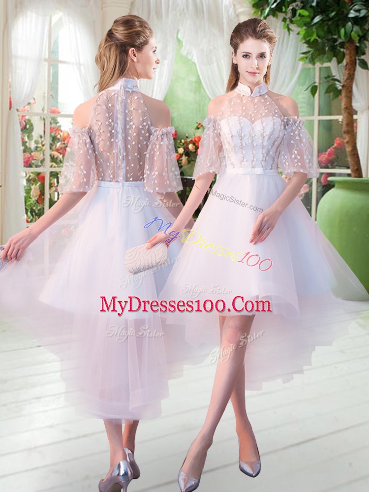 White Zipper High-neck Lace Prom Party Dress Tulle Half Sleeves