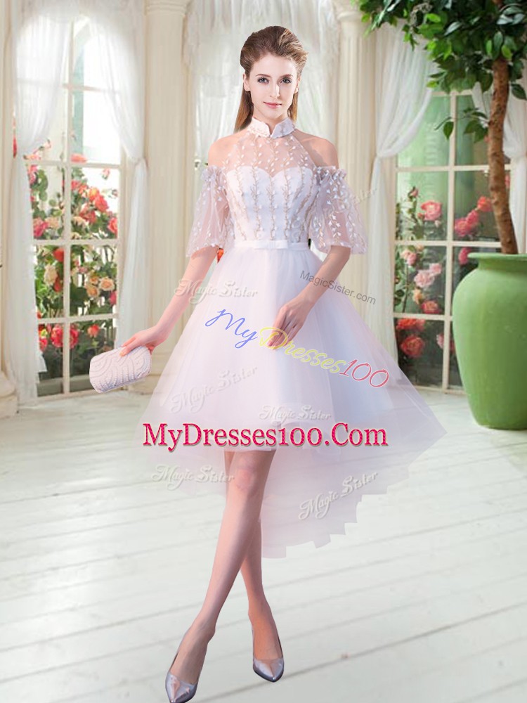White Zipper High-neck Lace Prom Party Dress Tulle Half Sleeves