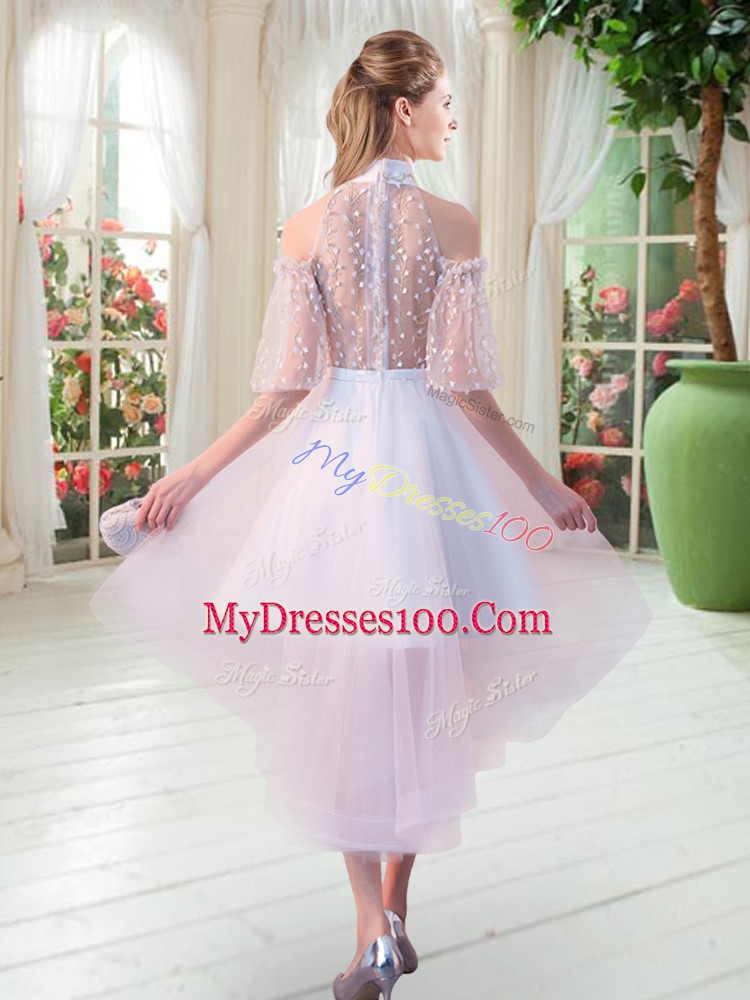 White Zipper High-neck Lace Prom Party Dress Tulle Half Sleeves