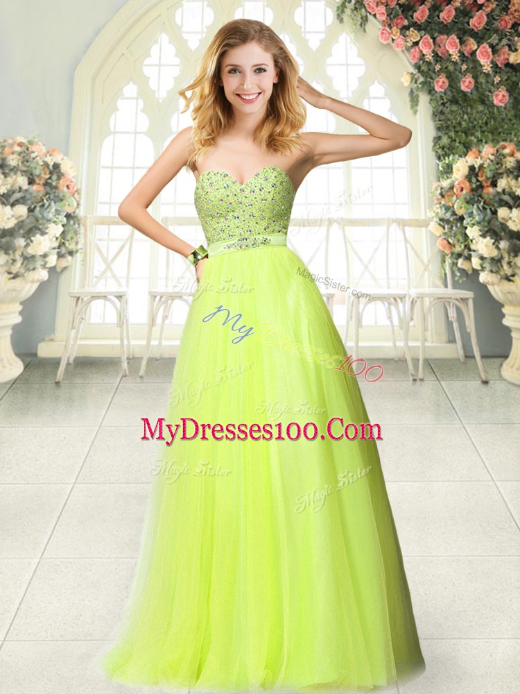 Sweetheart Sleeveless Prom Party Dress Floor Length Beading Yellow Green Tulle