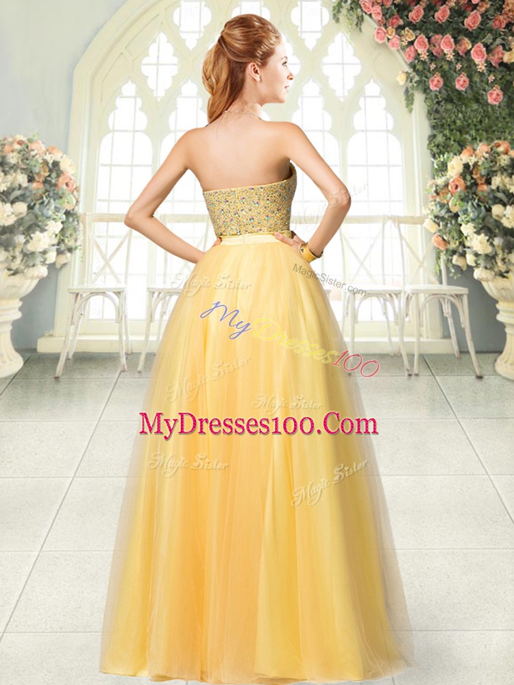 Sweetheart Sleeveless Prom Party Dress Floor Length Beading Yellow Green Tulle