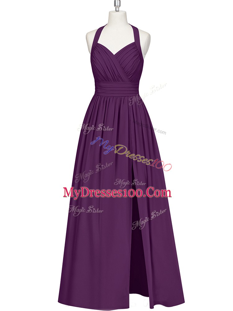 Eggplant Purple Halter Top Zipper Ruching Prom Evening Gown Sleeveless