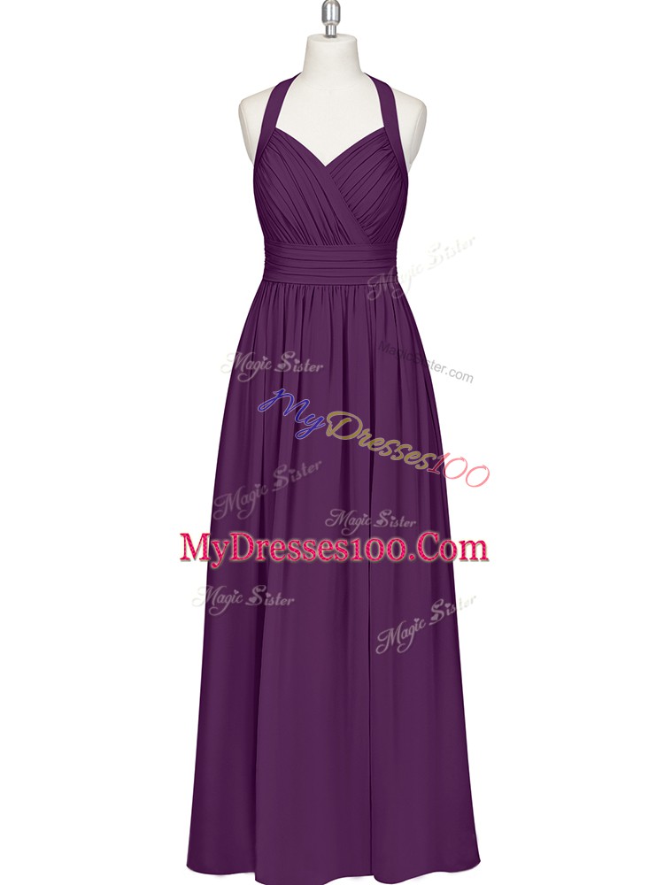 Eggplant Purple Halter Top Zipper Ruching Prom Evening Gown Sleeveless