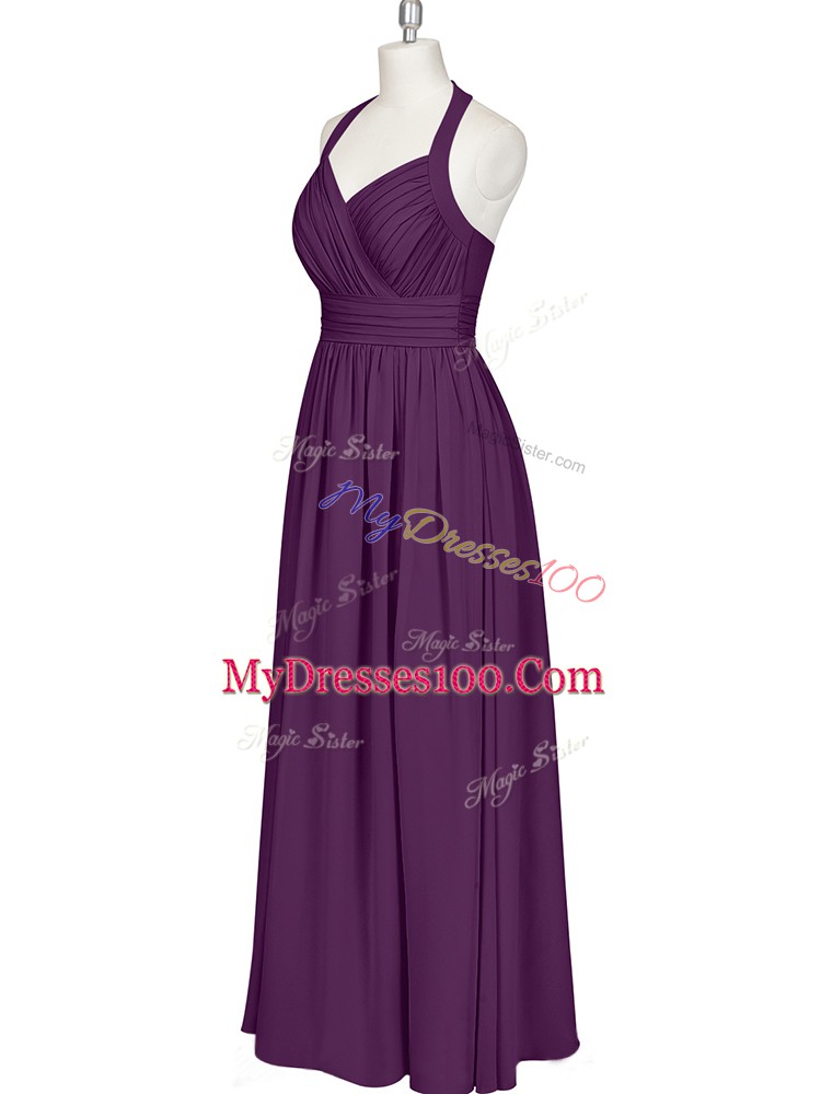 Eggplant Purple Halter Top Zipper Ruching Prom Evening Gown Sleeveless